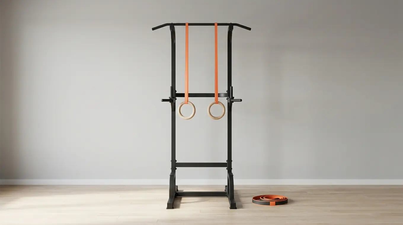 Minimalist photorealistic horizontal image of a matte-black freestanding calisthenics station with wooden rings on orange straps (#fb8344) and a resistance band with an orange acce