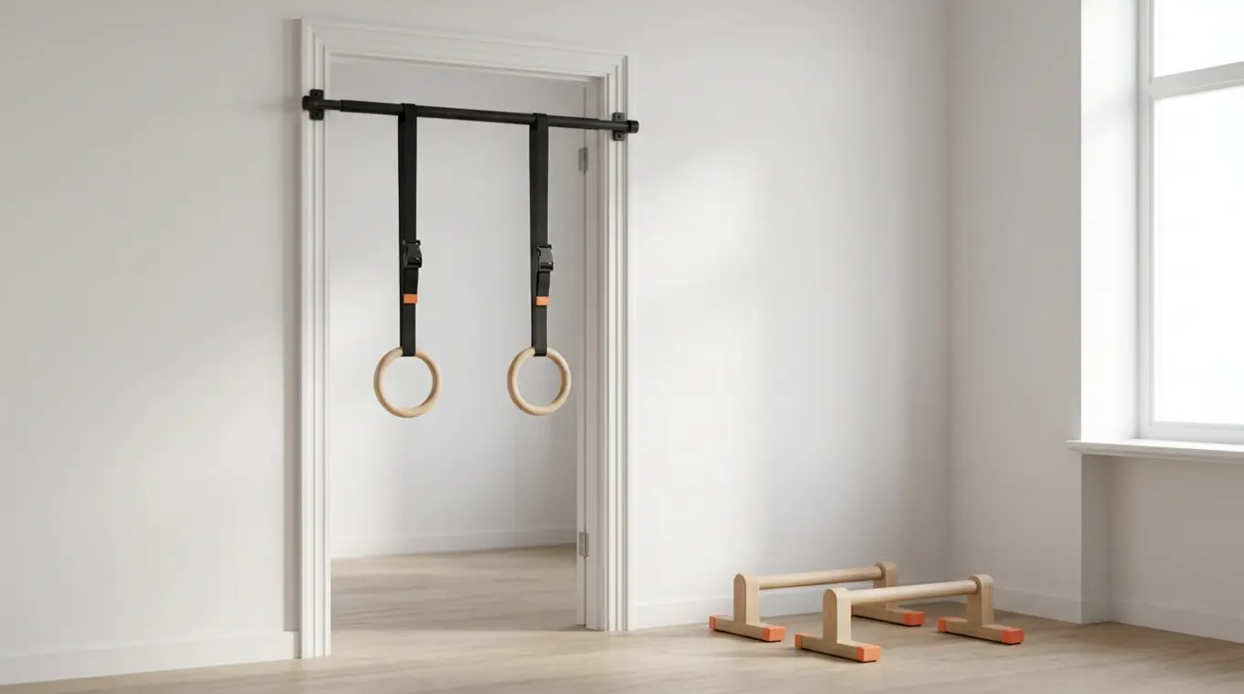 Minimal apartment corner with a matte-black doorway pull-up bar, wooden gymnastic rings with small orange #fb8344 strap accents, and a pair of low wooden parallettes with subtle or