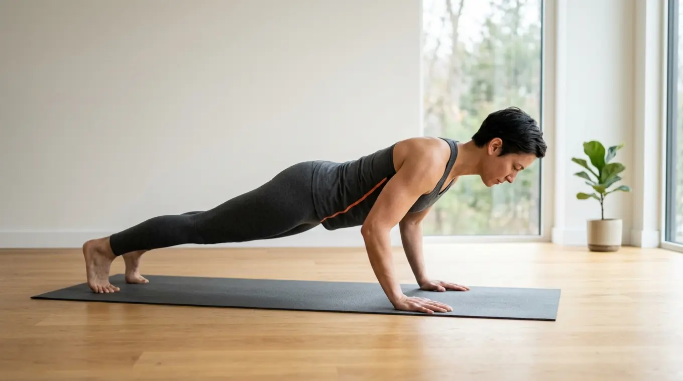 Photorealistic horizontal image of a person doing a controlled push-up on a thin mat in a clean, minimalist room; neutral colors, one small potted plant in the background, and a su