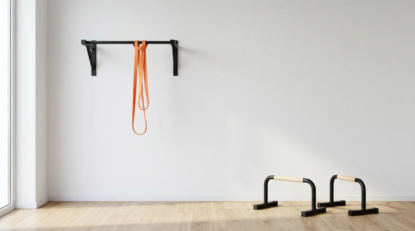 Minimal, modern calisthenics setup: black wall-mounted pull-up bar with a single orange resistance band (#fb8344) looped over it, and a pair of low parallettes on a clean wooden fl