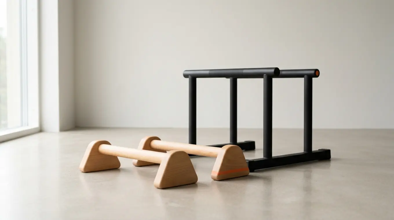 Minimalistische horizontale foto van houten parallettes en een compact draagbaar dipbar op een schone neutrale ondergrond, met spaarzame oranje accenten (#fb8344).