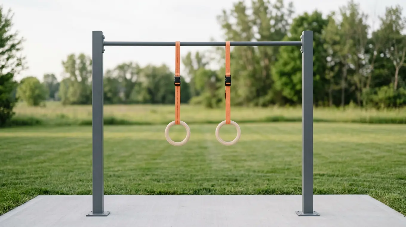 Minimal outdoor scene with a single fixed pull-up bar and wooden gymnastic rings hanging on orange straps (#fb8344) against a clean concrete pad and soft green background.
