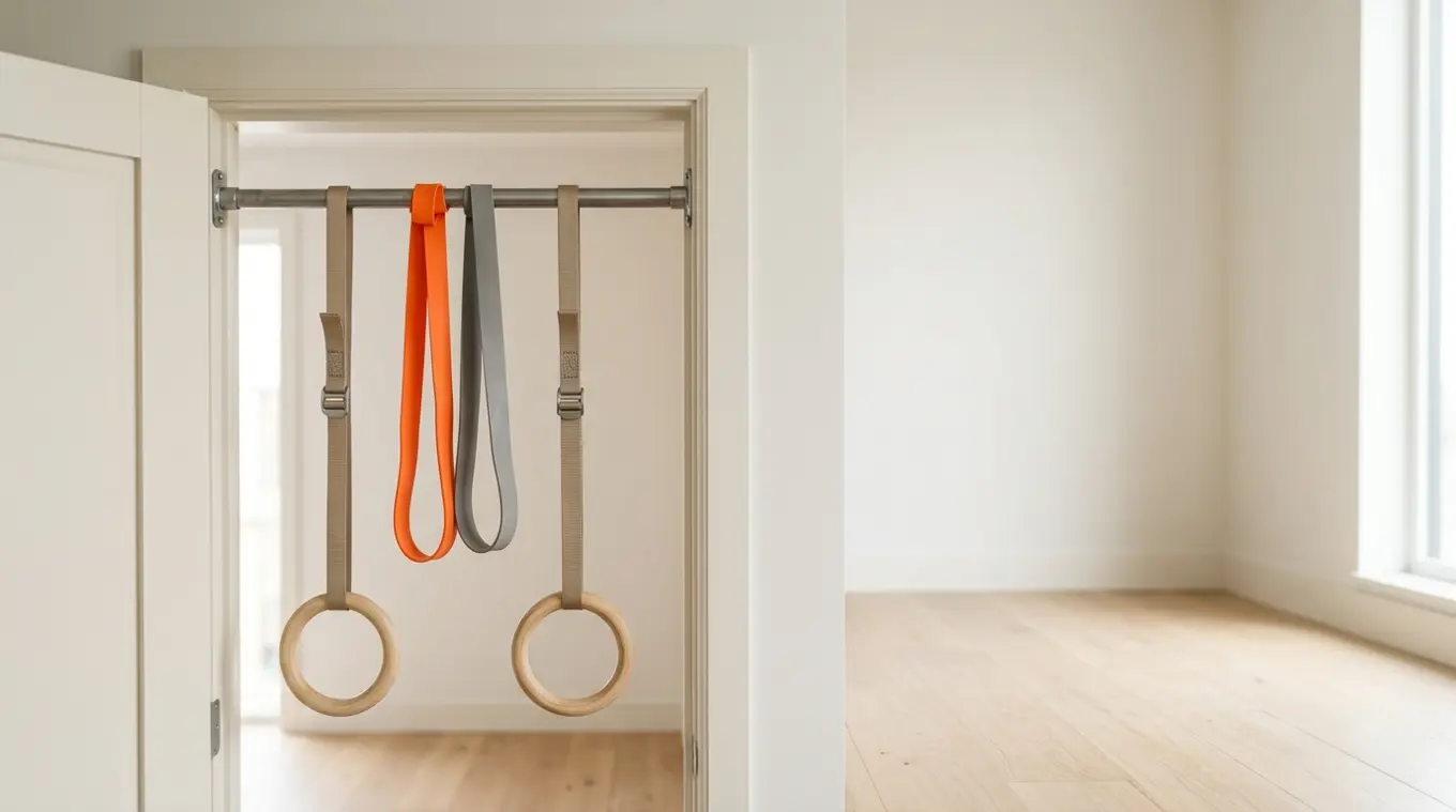 Minimal home calisthenics setup: doorway pull-up bar with wooden gymnastic rings and one orange resistance band, clean neutral interior, natural light.