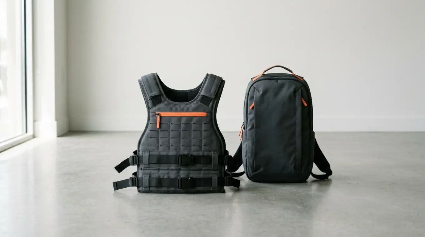 Horizontal photo of a matte charcoal weight vest in the foreground with a dark gray backpack slightly behind, placed on a light gray floor against a soft off-white background; smal