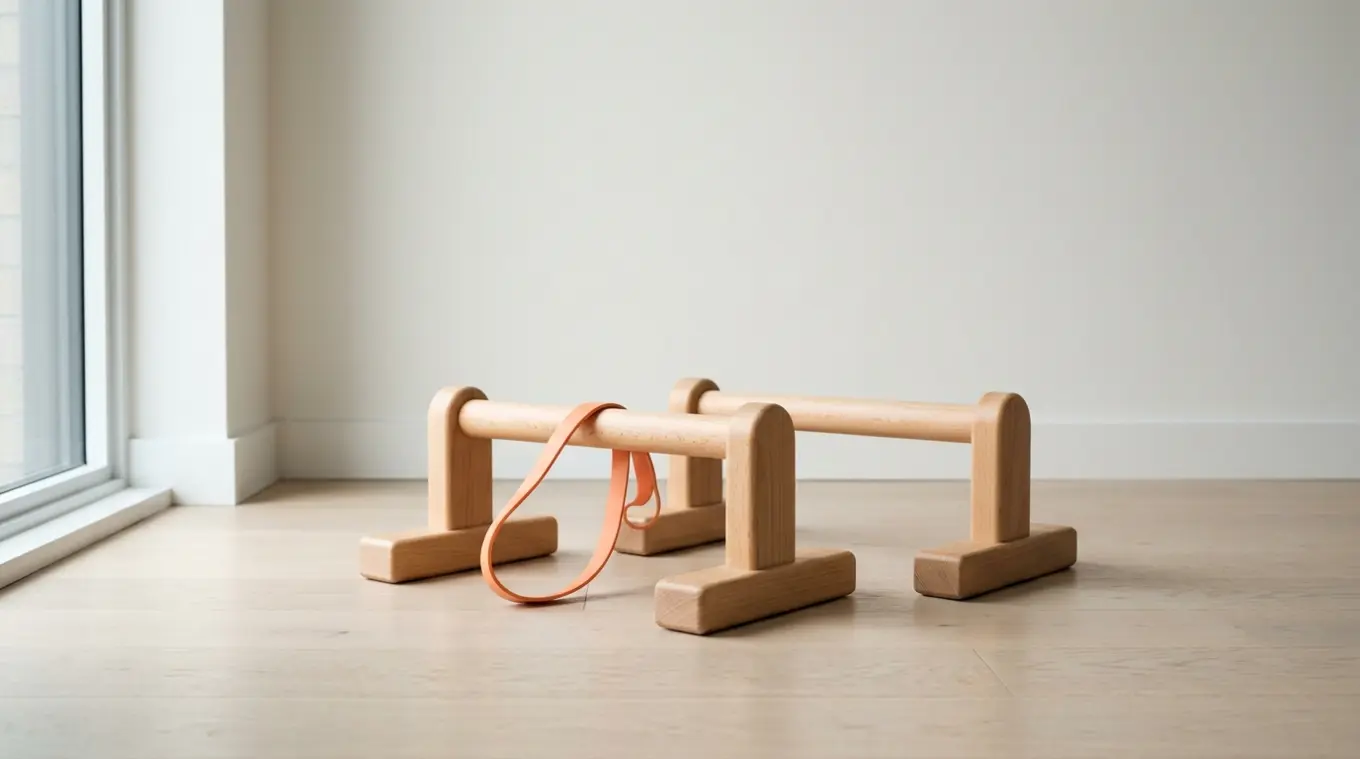 Minimalist horizontal photo of a pair of compact wooden mini parallettes on a light neutral floor in a minimalist apartment corner, with a single thin orange (#fb8344) resistance b