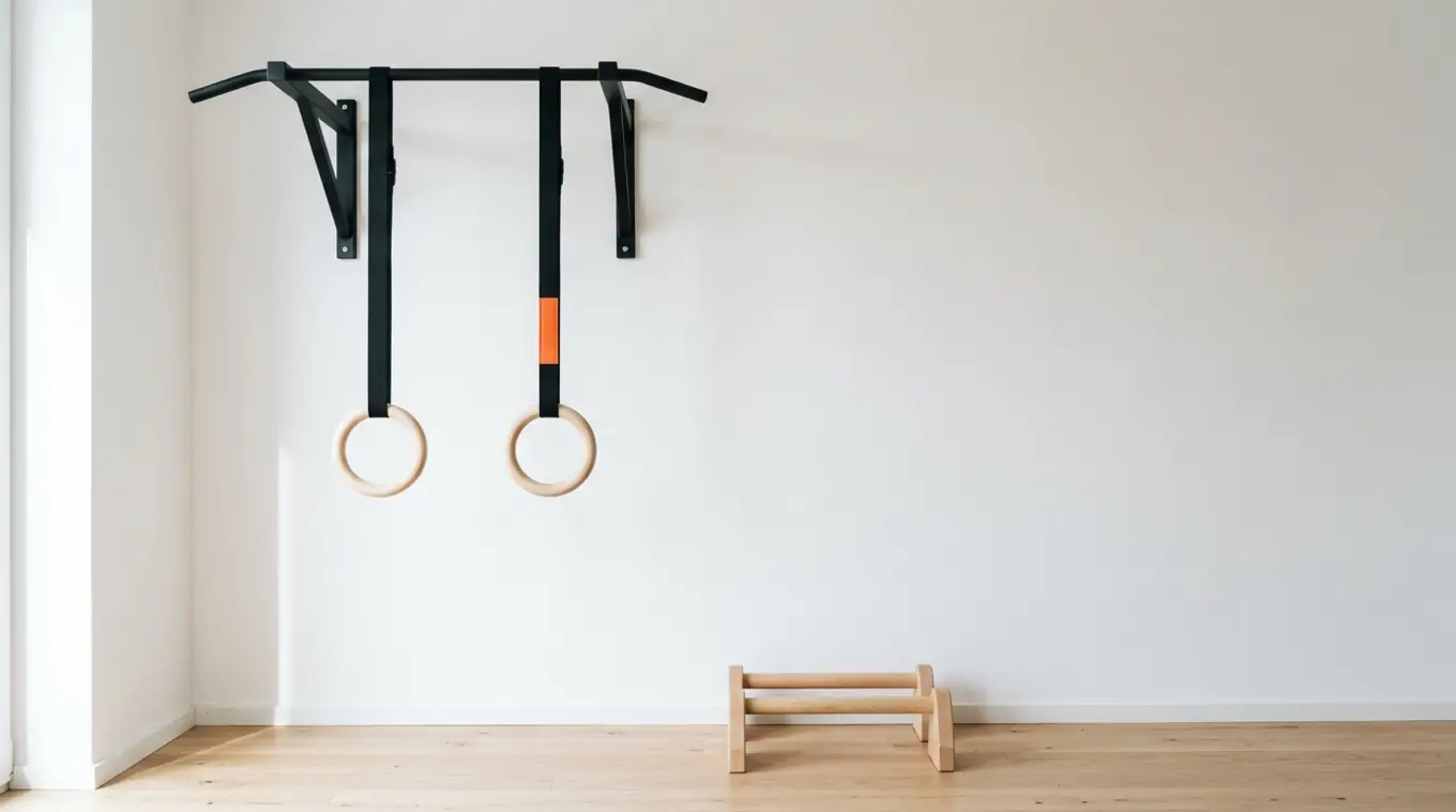 Minimalist horizontal photo of a matte-steel pull-up bar with wooden rings hanging from an orange strap (#fb8344) and a single wooden parallettes on a pale wood floor against a cle