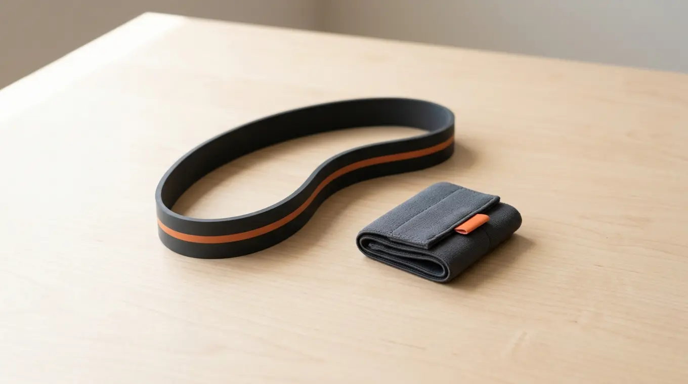 Minimalist horizontal photo of a coiled charcoal resistance band with a subtle orange (#fb8344) stripe and a folded charcoal wrist support with a small matching orange tab on a lig