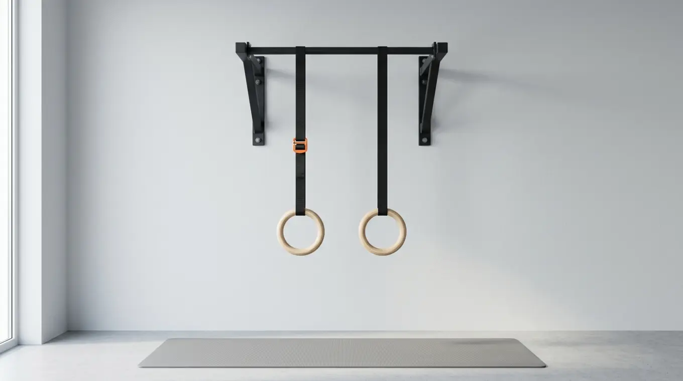 Minimalist horizontal photo of a matte black wall-mounted pull-up bar with two wooden gymnastic rings; one ring strap features a small orange (#fb8344) adjustment buckle, and a low