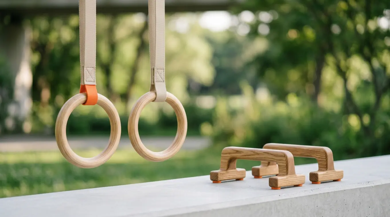 Minimal horizontal photo of wooden gymnastic rings and compact wooden push-up bars on a clean concrete ledge outdoors, small orange accent #fb8344, soft natural light and blurred g