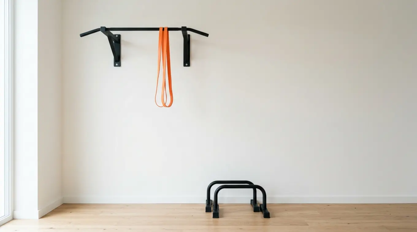 Minimal home calisthenics corner: matte-black wall-mounted pull-up bar with a single orange (#fb8344) resistance loop draped over it, and a pair of black parallettes neatly placed