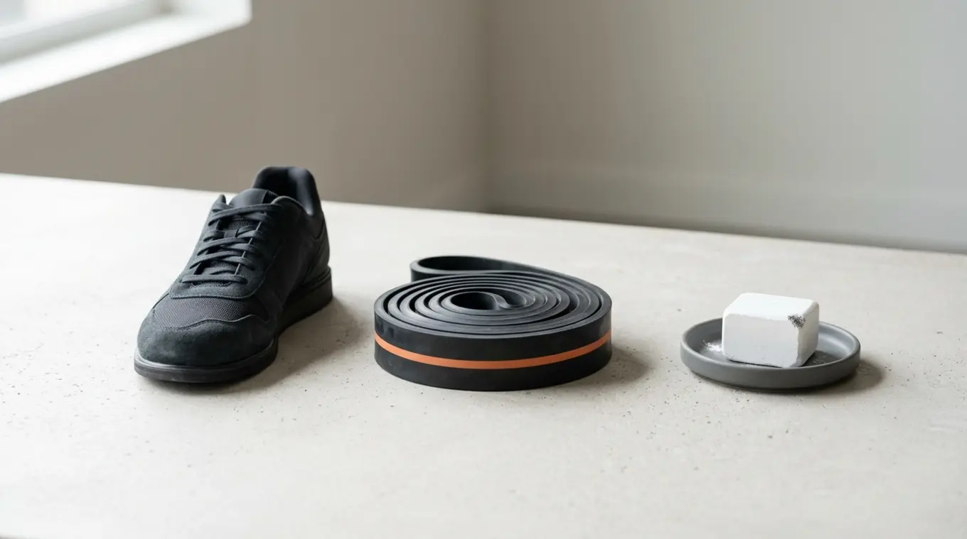 Minimal horizontal photo of three streetlifting items on a pale concrete surface: a dark squat shoe with a small orange accent, a coiled black resistance band with a thin orange st