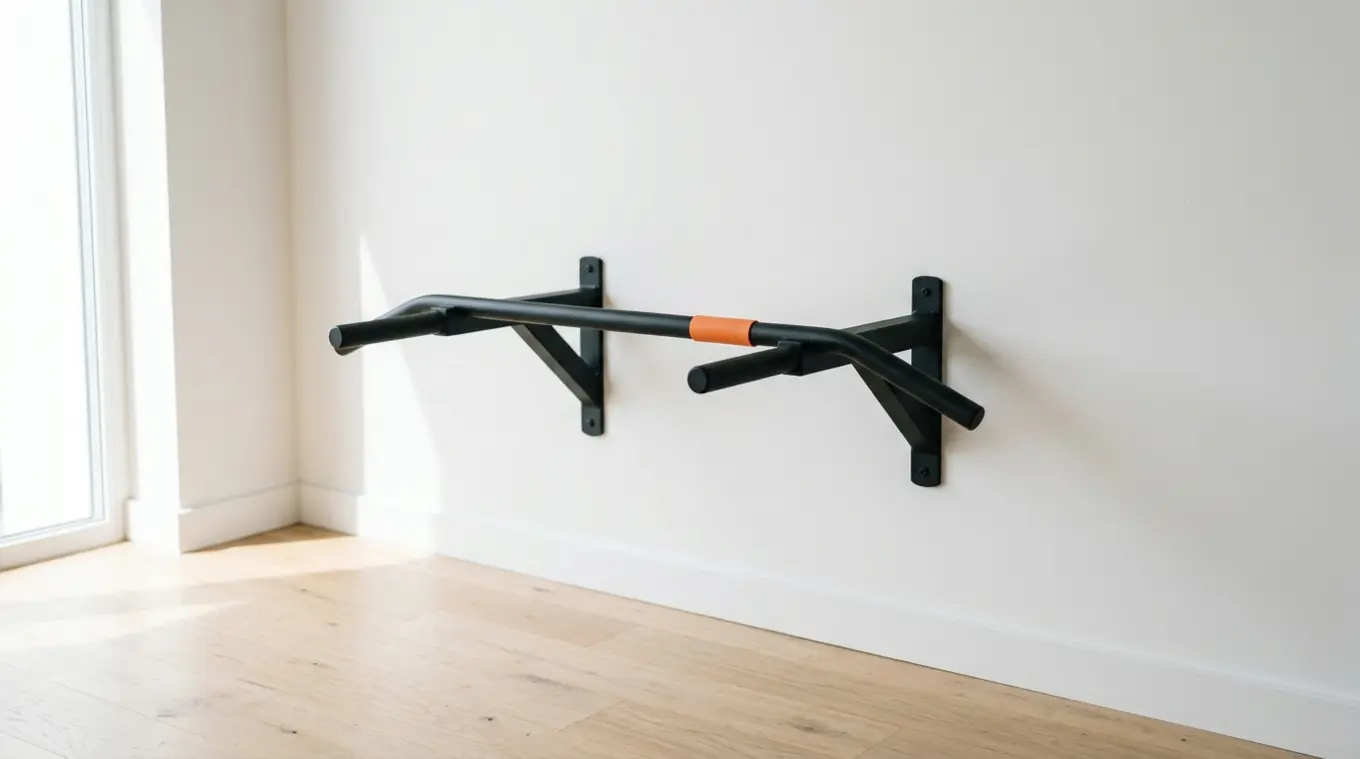 Minimalist horizontal photo of a compact matte-black pull-up and dip bar against a bright white wall and light wood floor, with a small orange (#fb8344) grip strap as a subtle acce