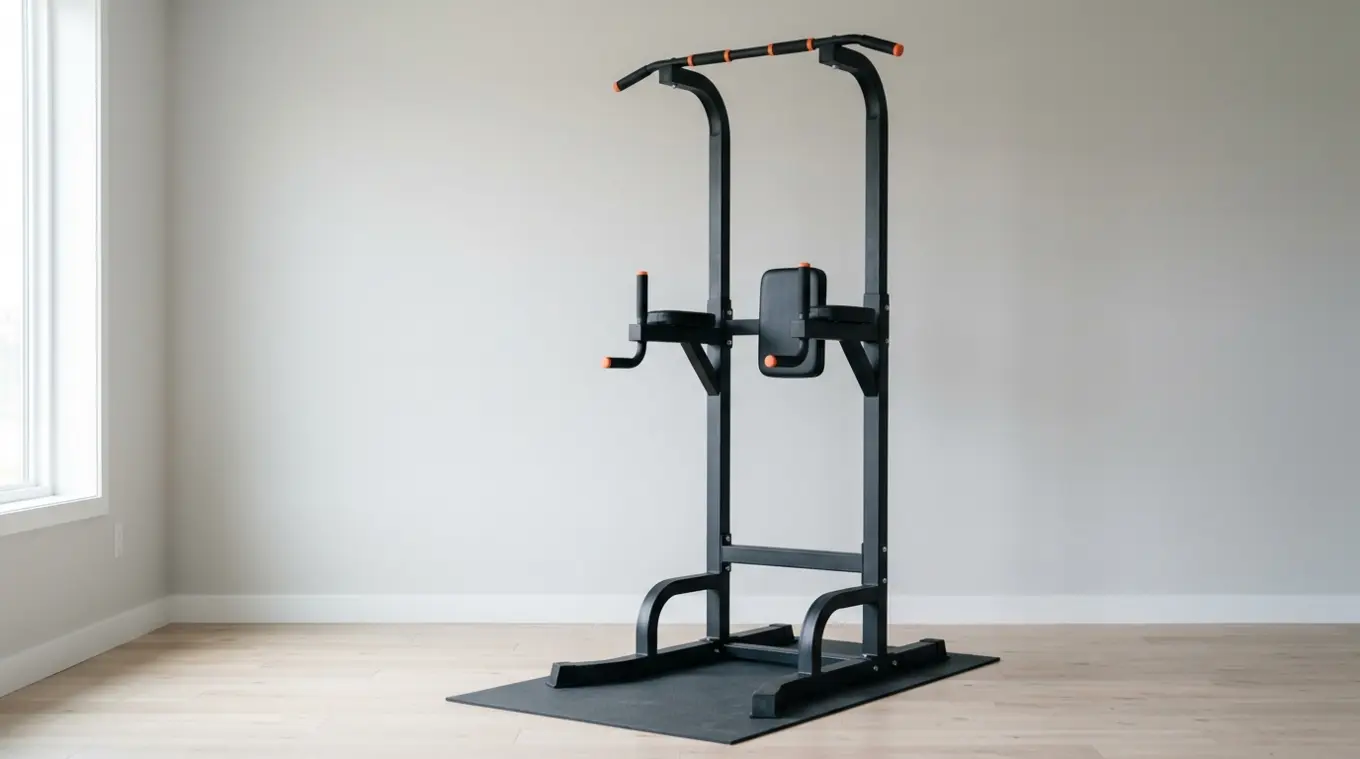 Photorealistic horizontal shot of a black freestanding pull-up and dip combo tower on a dark charcoal mat against a light gray wall; dip handle grips and small pull-up grips are hi