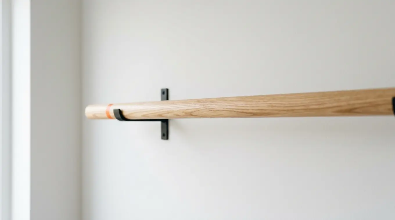 Horizontal close-up photo of a hardwood pull-up bar (beech/ash/oak/maple) mounted on a clean neutral wall with simple matte black brackets; the bar has a smooth, lightly sealed mat