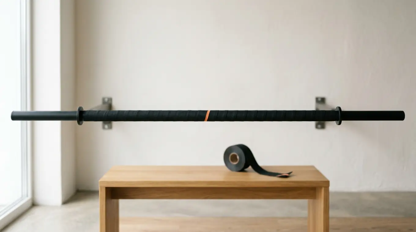 Horizontal close-up of a home pull-up bar wrapped once in black grip tape with a subtle thin orange accent stripe (#fb8344); a partially unrolled roll of tape rests slightly out of