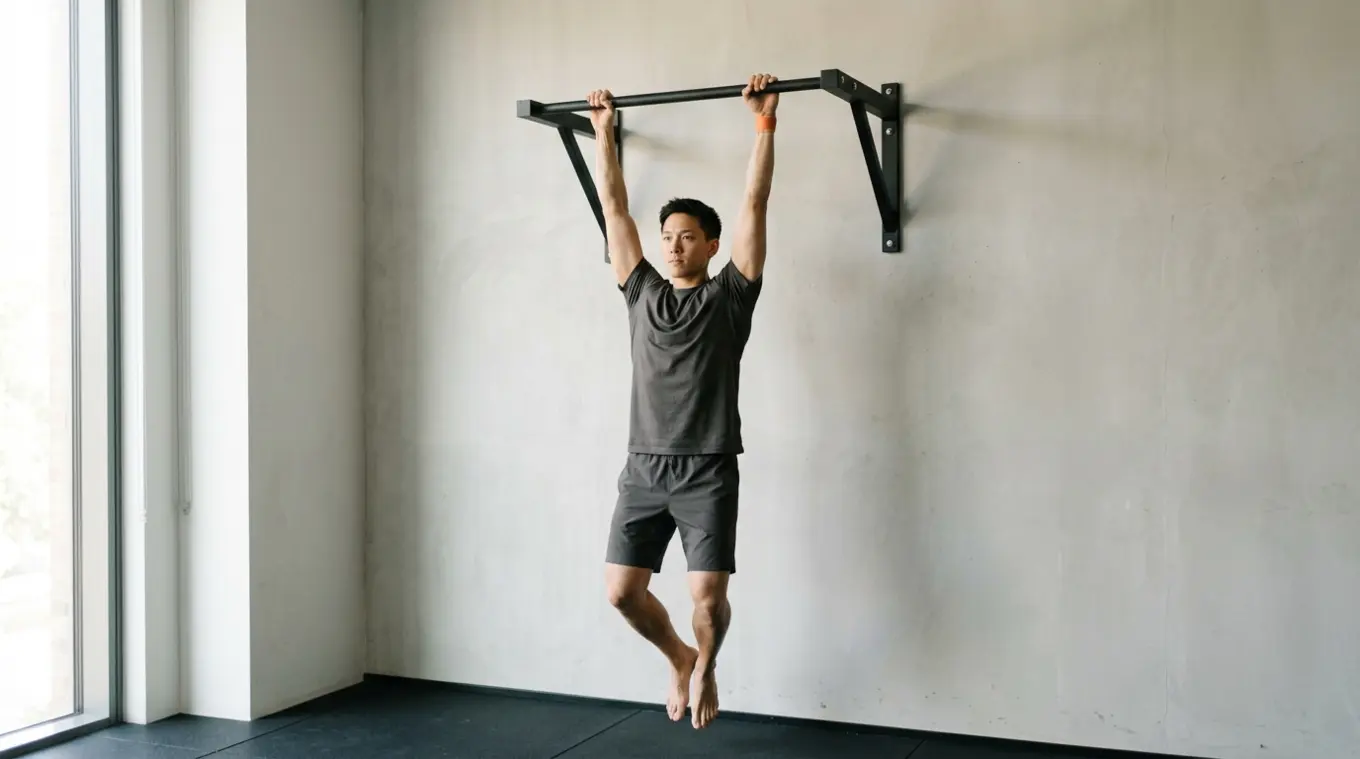 A person doing a dead hang from a pull-up bar in a clean minimalist gym, with a small orange (#fb8344) wrist tape accent; natural light and simple background.