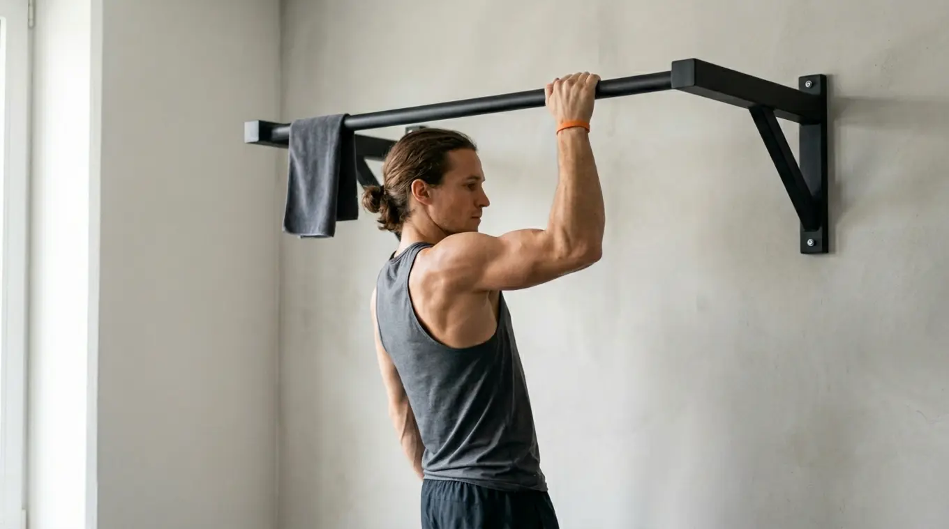 Minimalist horizontal photo of a climber holding an offset one-arm pull-up on a sturdy wall-mounted bar, using a small towel for assistance; subtle orange strap accent.