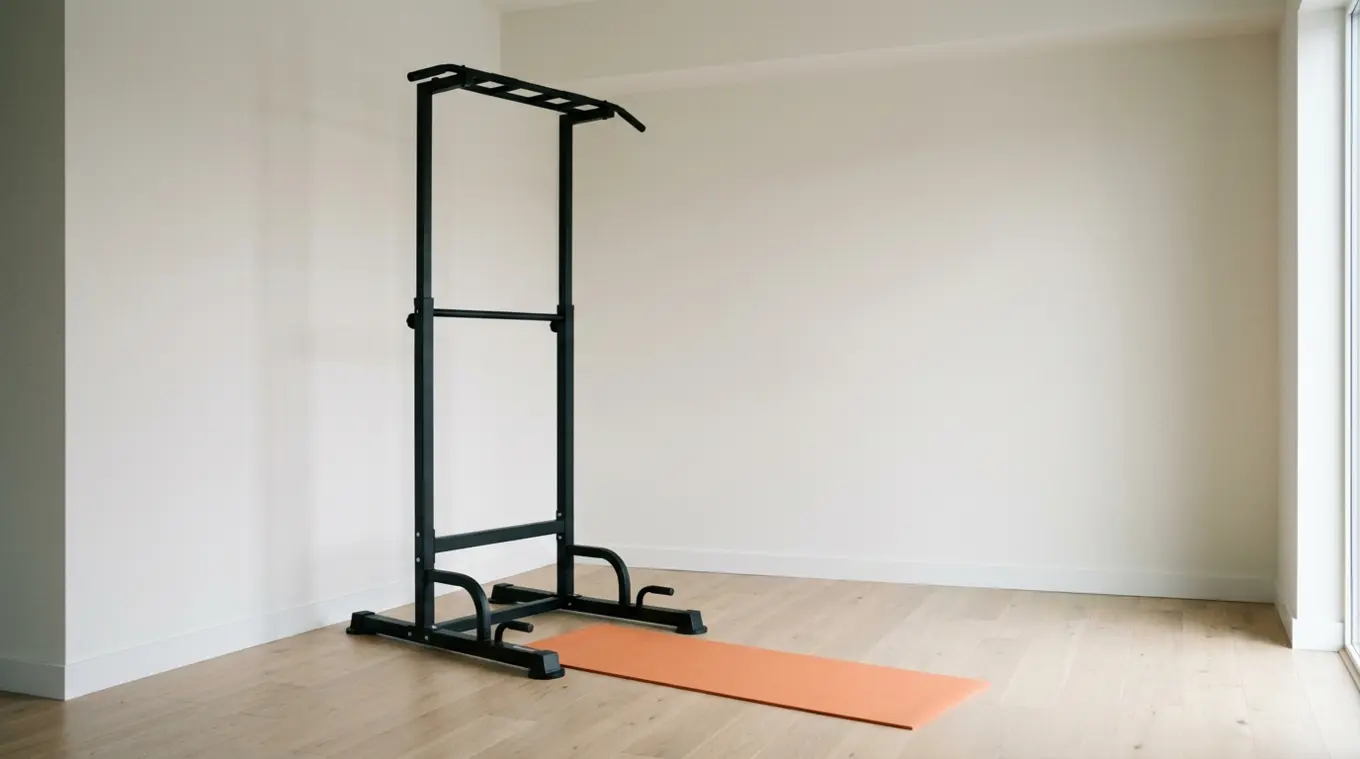 Minimalist home interior with a matte-black freestanding pull-up station and a slim orange floor mat in front, ample clear space around it, light oak floor and pale wall, natural d