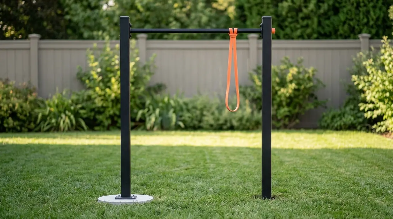 Minimalist photorealistic backyard scene with a single freestanding pull-up bar anchored in a concrete footing at the base, a single orange (#fb8344) resistance band hanging from t
