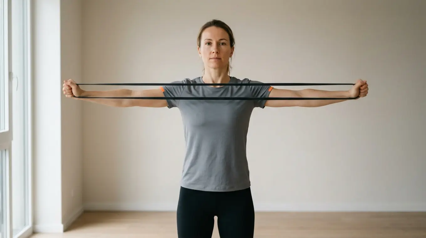 Minimalist horizontal photo of a person doing a resistance band pull-apart in a clean modern room, neutral tones and soft natural light, with a small orange (#fb8344) wrist accent.