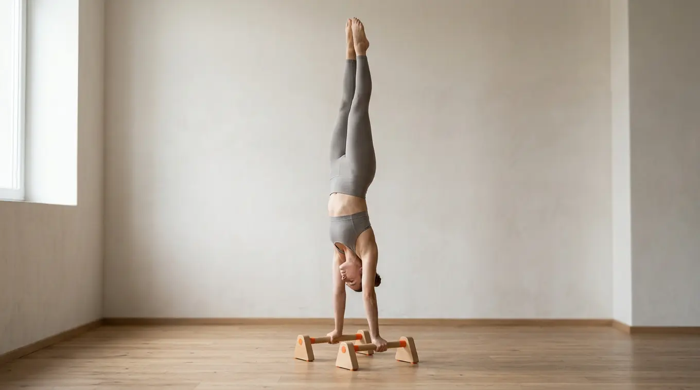 Photorealistic horizontal image of a single athlete holding a handstand on low parallettes in a clean minimal studio; warm wooden floor and pale neutral wall, natural side light, p