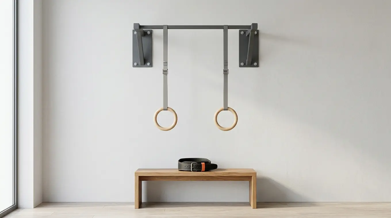 Minimalist horizontal photo of a sturdy wall-mounted steel pull-up bar with wooden rings hanging and a folded weight belt on a simple bench beneath; single small orange accent (#fb
