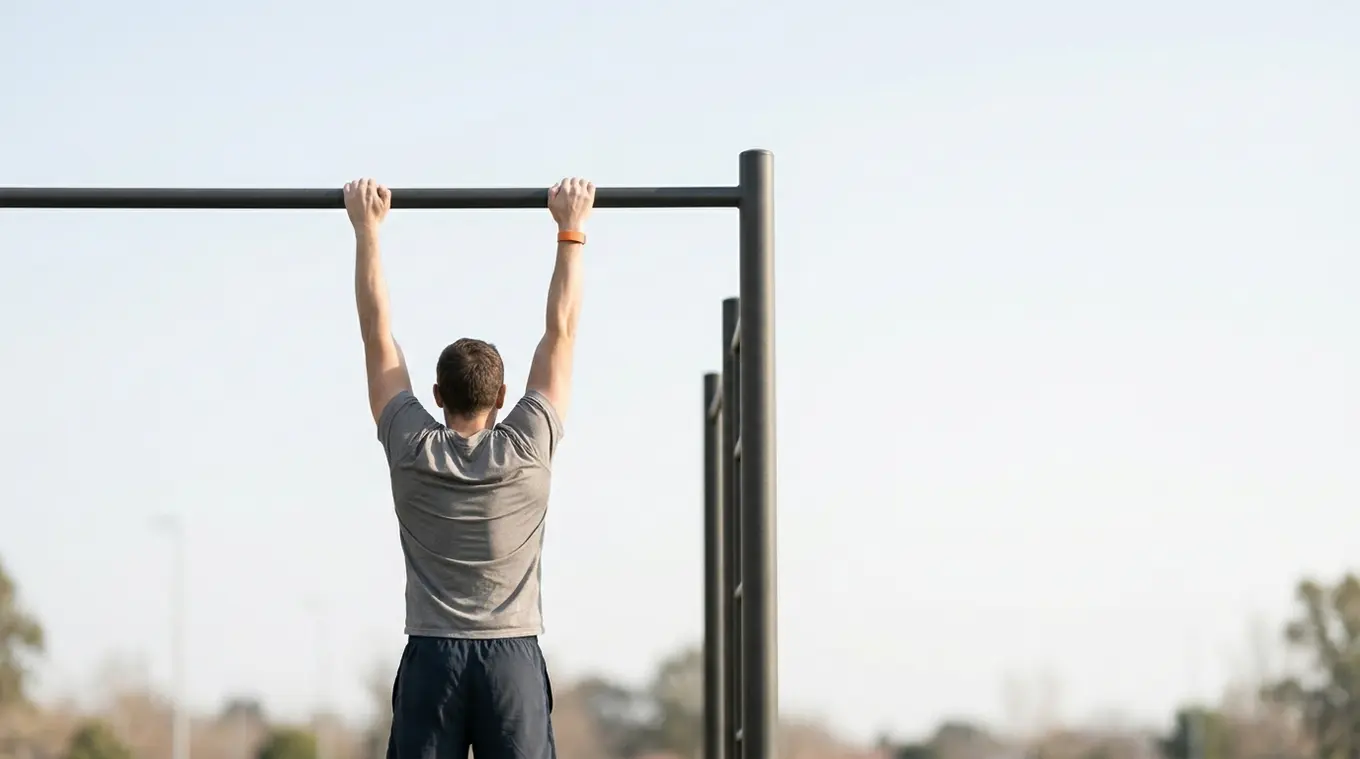 Horizontal realistic image of a freestanding outdoor pull-up bar with one athlete on toes reaching to grasp the bar; minimal blurred park background and a small orange wristband (#