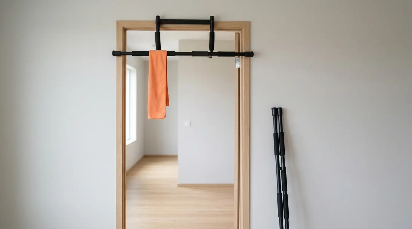 Minimal horizontal photo of a doorway with a matte black no-screw over-the-door pull-up bar installed, a folded compact tension bar leaning against the wall, and a small orange (#f