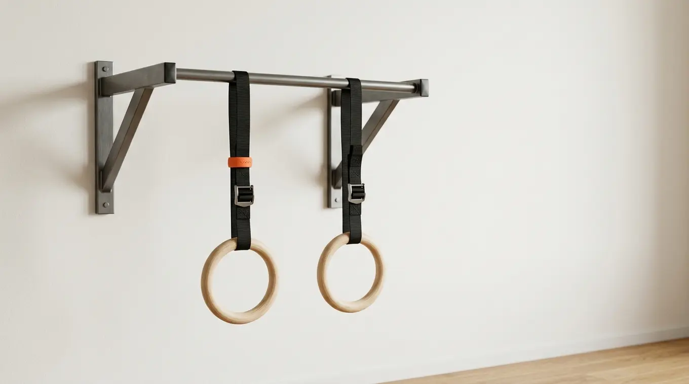 Horizontale, realistische foto van een uitgeklapte vouwbare muurpull-up bar met een paar houten ringen eraan, minimalistische ruimte met matte witte muur en licht houten vloer; sub