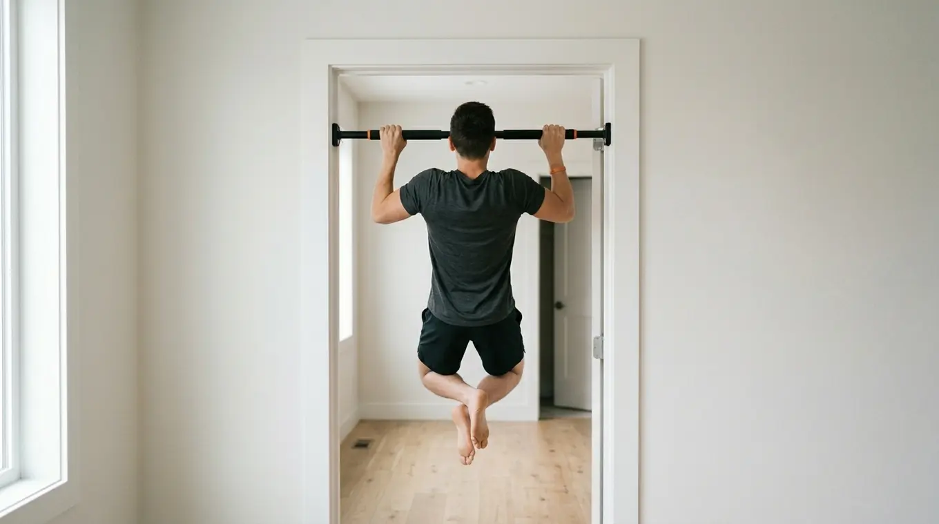 Minimalist horizontal photo of a tall athlete doing a pull-up on an in-frame no-drill doorway bar inside a clean modern doorway; natural light, subtle orange #fb8344 accent on a wr