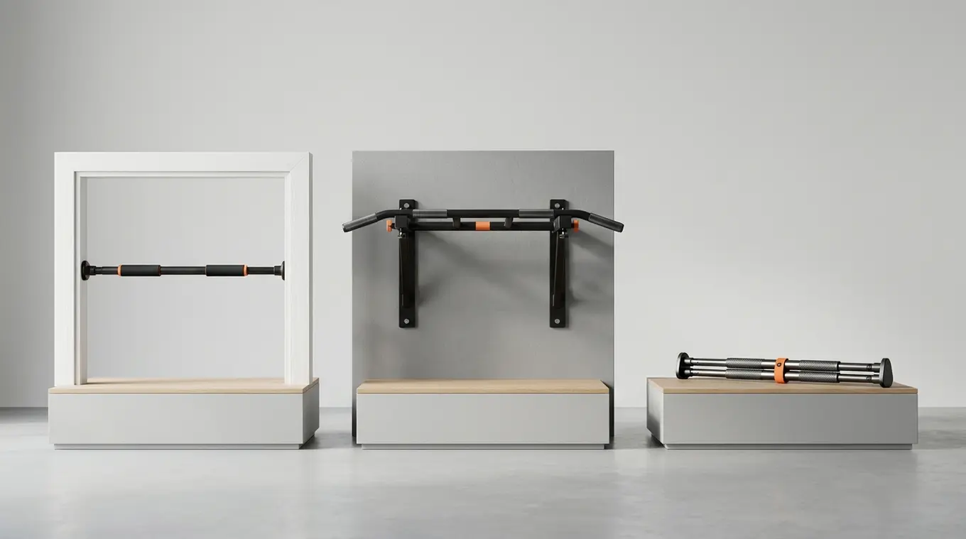 Clean horizontal studio photo of three pull-up bars on a minimal light-gray background: a telescopic doorway bar in a simple door frame, a heavy-duty wall-mounted bar on a small wa