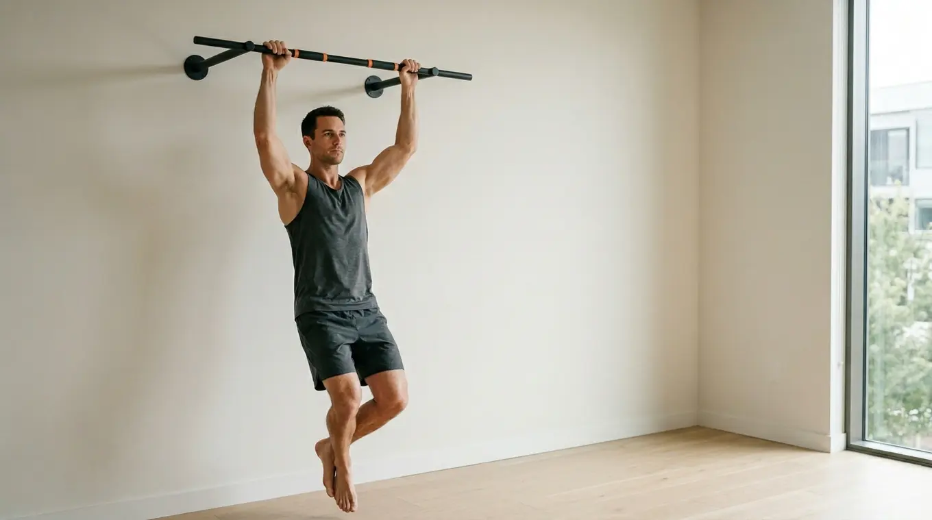 Horizontal photorealistic image of a person performing an active hang on a simple wall-mounted pull-up bar in a clean, minimalist room; matte black bar with small orange (#fb8344) 