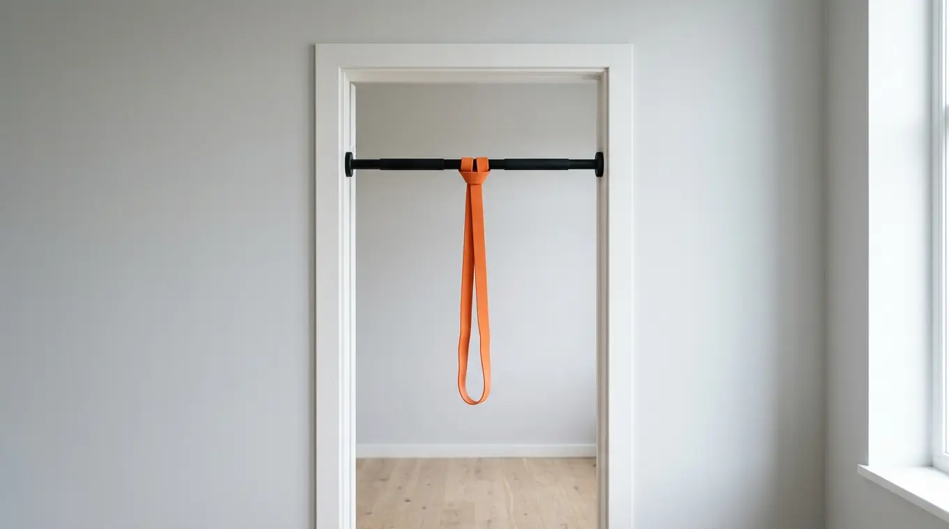 Minimal studio doorway with a compact no-drill black pull-up bar and a single vivid orange resistance band (#fb8344) hanging from it, soft natural light and an uncluttered backgrou