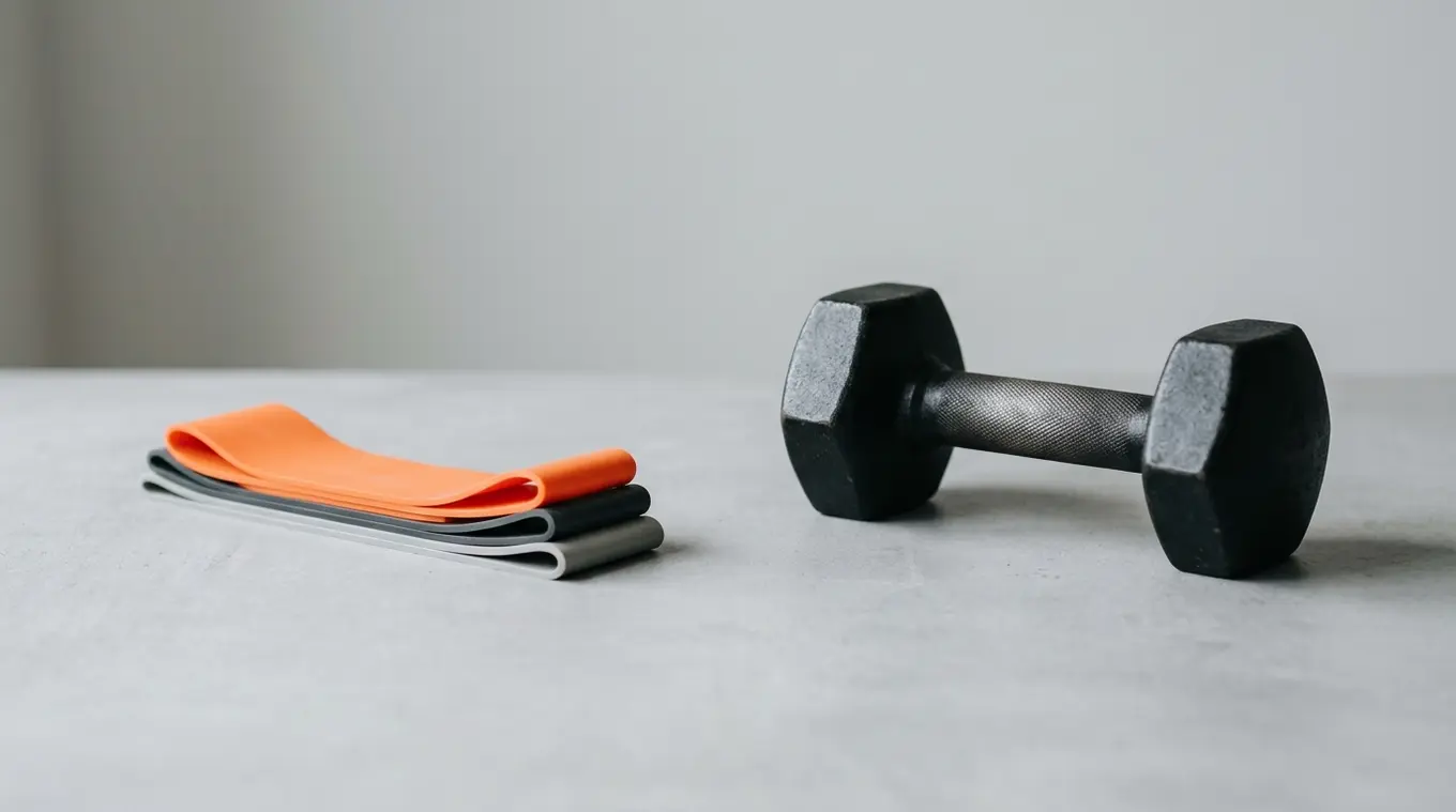 Minimalist horizontal photo of a black dumbbell next to a small stack of resistance bands on a light neutral background, with one band in orange (#fb8344) as a subtle accent.