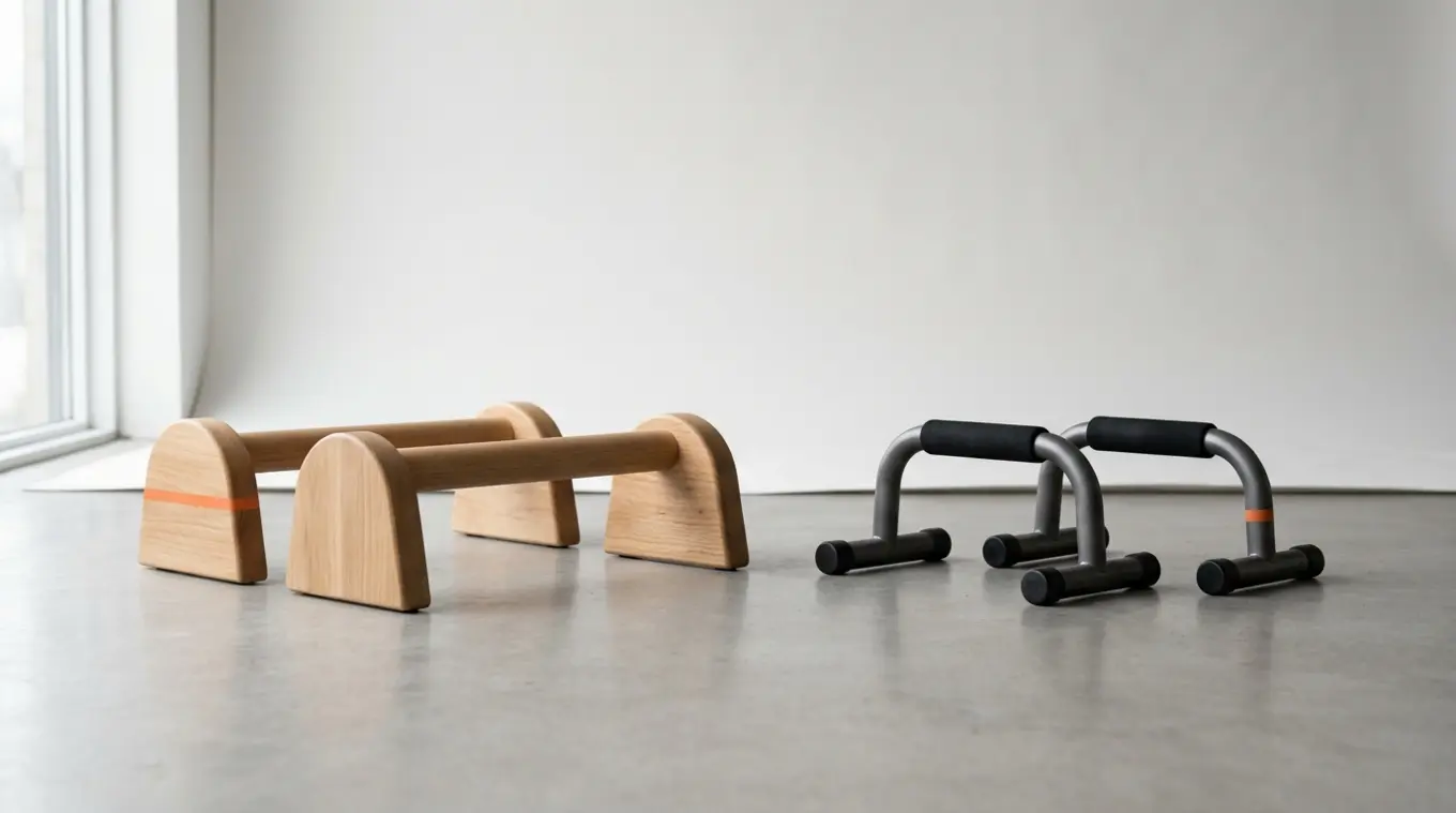 Minimalist studio photo showing a pair of low wooden parallettes on the left and a pair of compact metal push-up bars on the right, with small orange (#fb8344) accents, soft natura