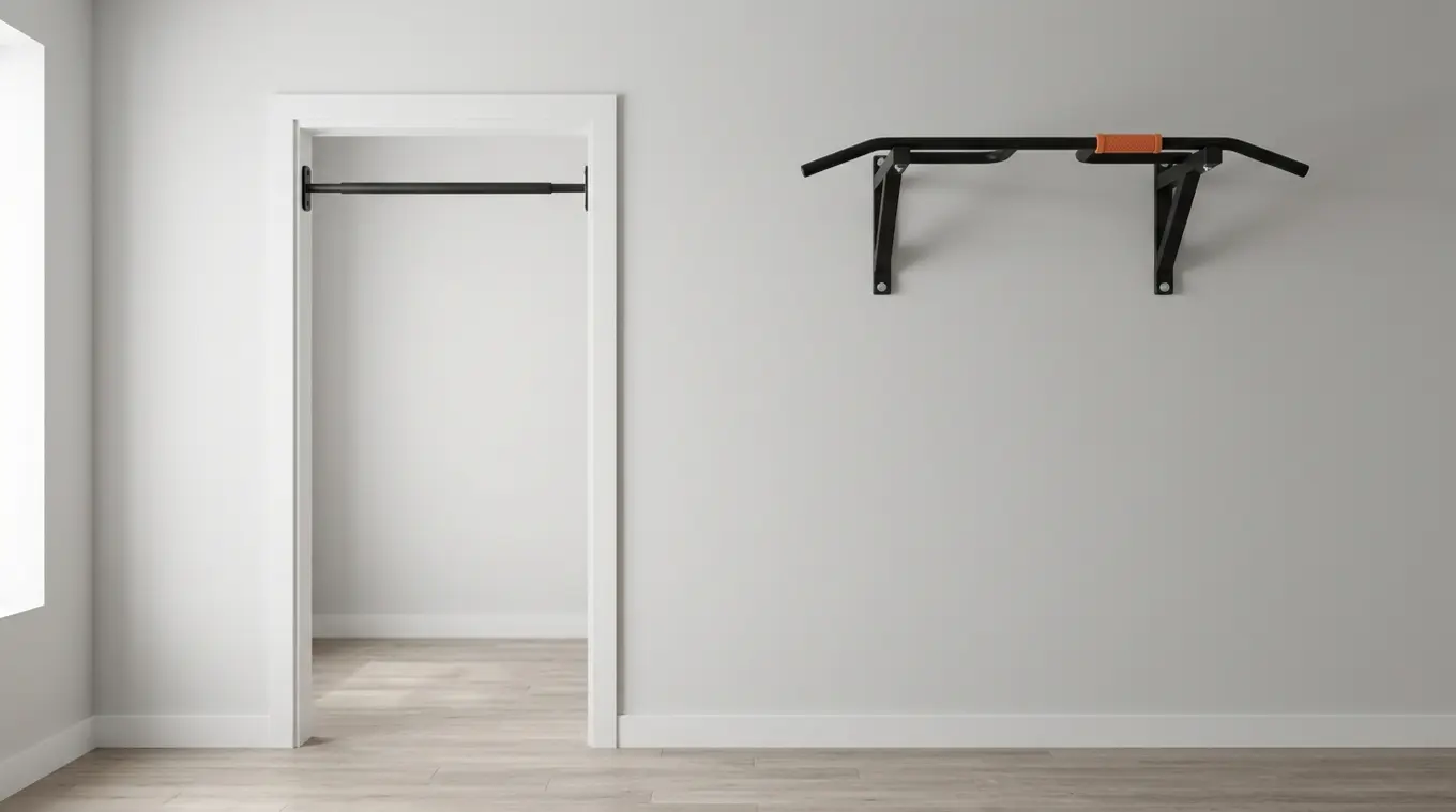 Minimal modern room showing a doorway pull-up bar on the left and a wall-mounted pull-up bar on the right, with a small orange (#fb8344) grip accent for contrast.