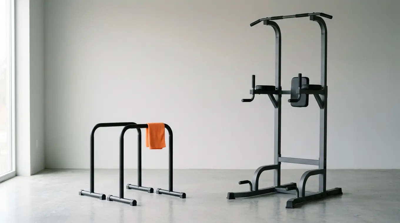 Minimalist photorealistic gym scene showing a low-profile portable pair of dip bars on the left and a taller dip station on the right against a neutral light-grey background, with 