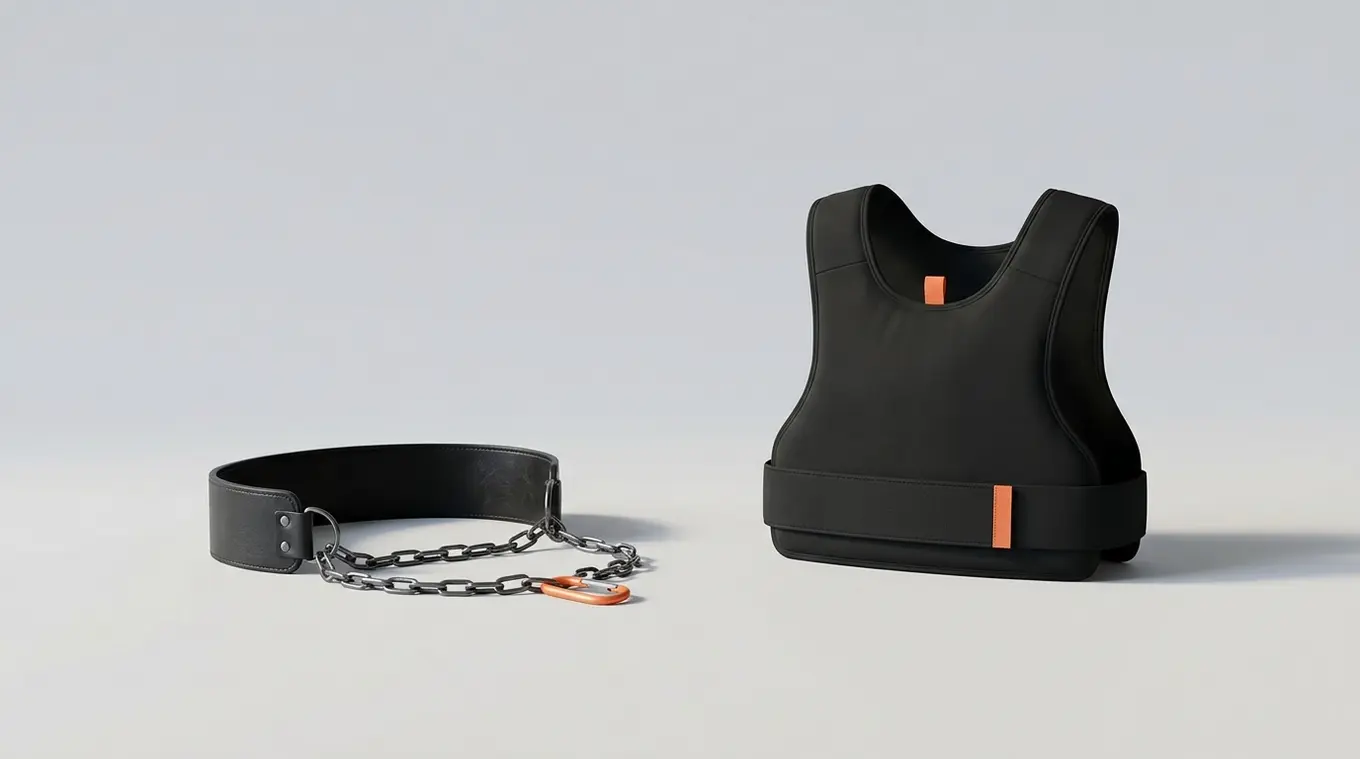 Minimalist photo of a black dip belt with metal chain (left) and a matte black weighted vest (right) on a pale gray studio surface, each with a small orange accent (#fb8344), clean