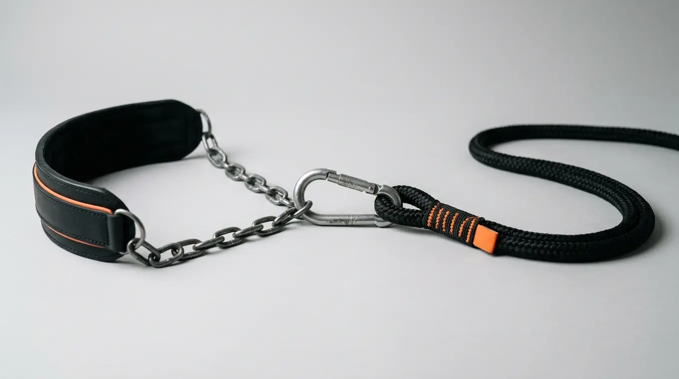 Minimalist horizontal photo of a chain dip belt (left) and a rope dip belt (right) both attached to a central silver carabiner with slight scuff; subtle orange accents (#fb8344) on