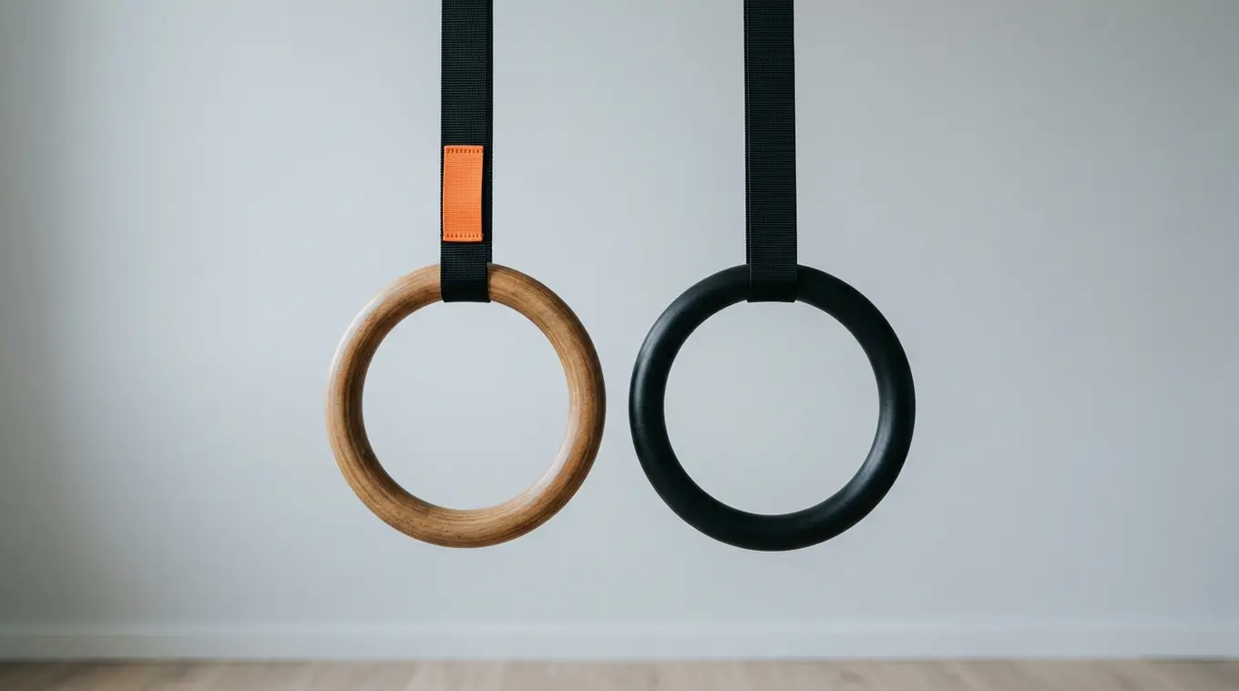 Minimalist horizontal photo of two suspended gym rings—one warm wooden ring and one matte black plastic ring—hung side-by-side against a smooth light-gray wall, with a small orange