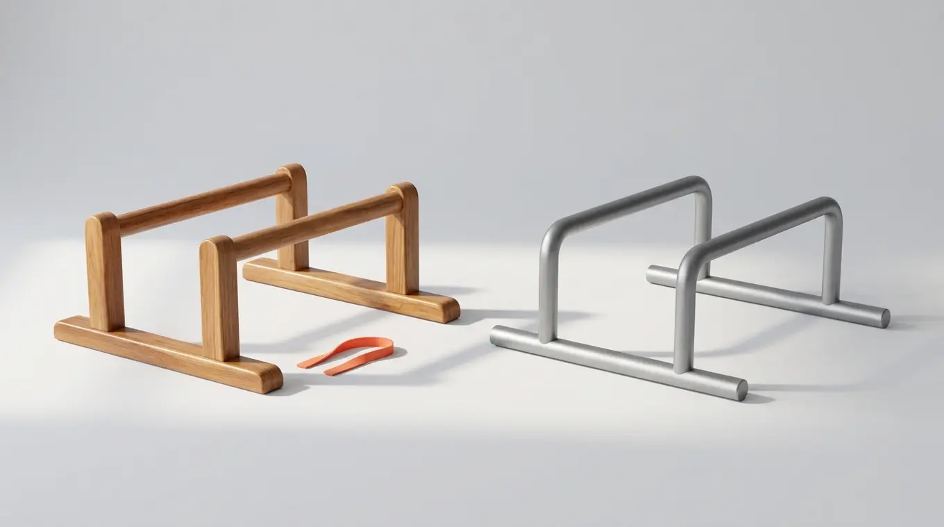 Horizontal photorealistic image of a wooden parallettes and a metal parallettes on a clean light-gray surface, softly lit from the side; a single small orange (#fb8344) accent band