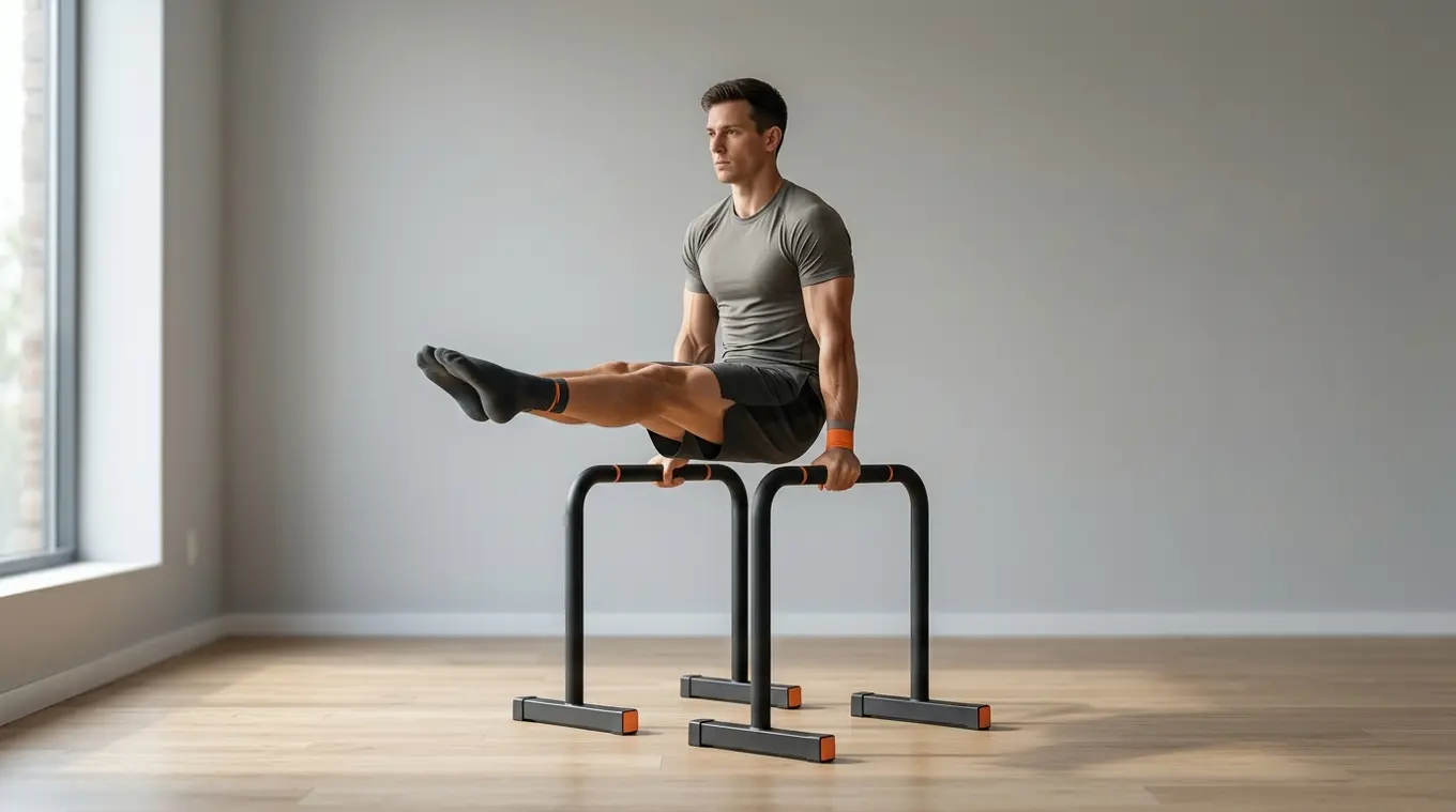 Athlete holding an L-sit on a pair of matte black high parallettes in a minimalist studio; small orange accents (hex #fb8344) on the parallettes and wrist tape, soft natural light,