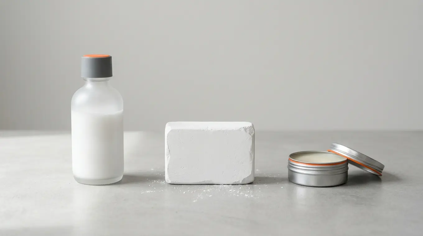 Minimal horizontal photo of three objects on a neutral background: an unlabeled bottle of liquid chalk with a small orange accent on the cap, a white block of regular chalk with a 