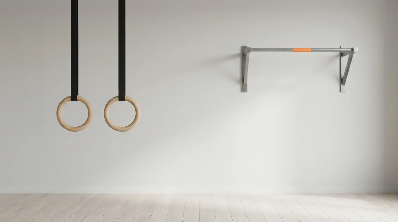 Minimalist horizontal photo showing wooden gymnastic rings hanging from black straps on the left and a simple steel pull-up bar mounted on a clean light-gray wall on the right, nat