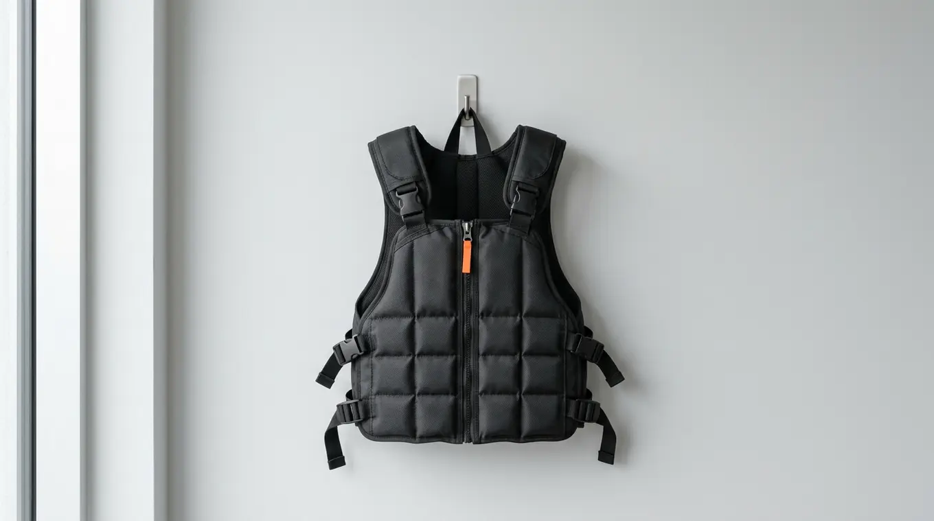 Horizontal photorealistic image of a charcoal weighted vest with a small orange (#fb8344) accent hanging on a simple wall hook against a clean pale gray background in a minimalist 