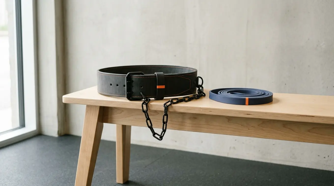 Minimalist photorealistic horizontal scene: a leather dip belt with subtle orange #fb8344 stitching rests on a light wooden bench next to a muted resistance band with a small orang