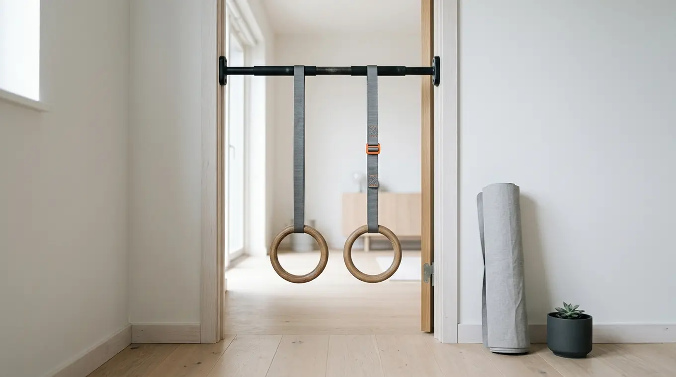 Minimalist horizontal photo of a doorway pull-up bar with wooden gym rings hanging, a folded yoga mat and a small potted plant in a tidy apartment, with a subtle orange #fb8344 acc