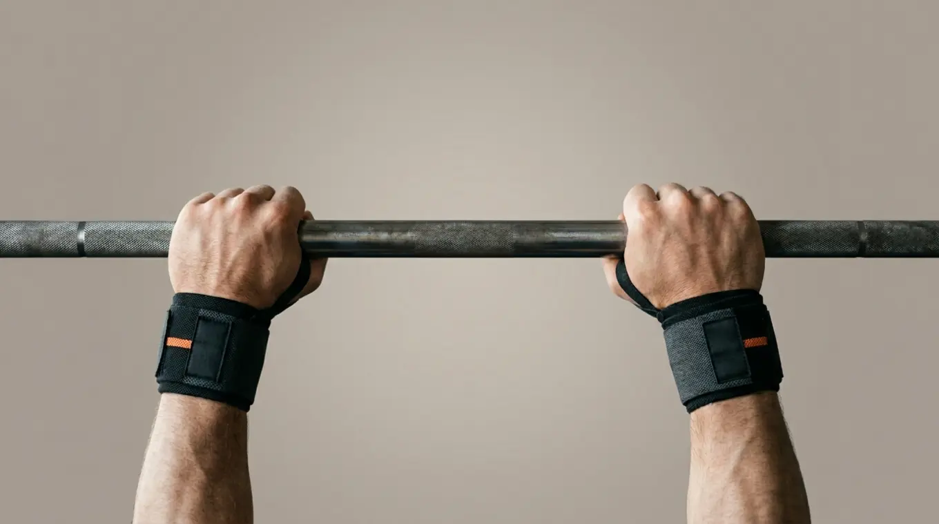 Close-up horizontal photo of hands in wrist wraps gripping a barbell; gray wraps feature a small orange (#fb8344) accent stripe, neutral soft background, natural lighting.