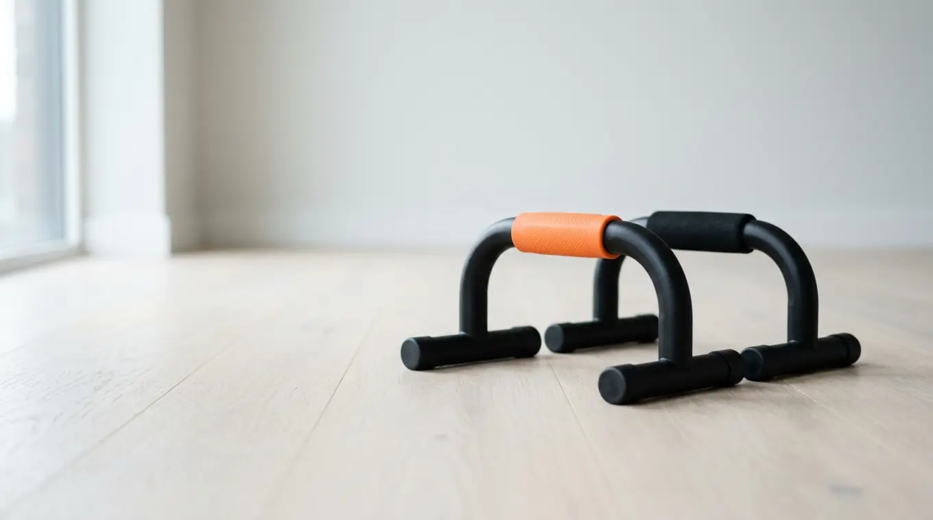 Minimalistic photo of a compact pair of matte black push-up bars on a pale wood floor with a small orange (#fb8344) silicone grip sleeve on one handle; clean light-grey background 