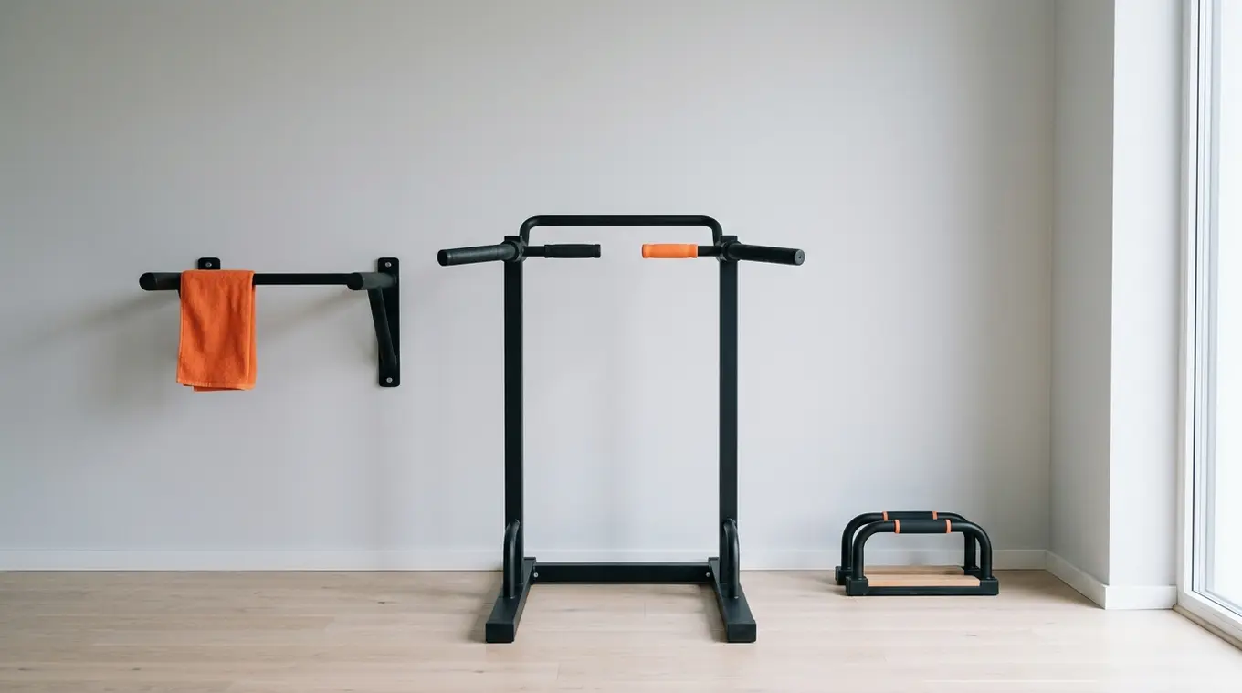 Minimalist horizontal photo of three dip-bar types in a clean home gym: a freestanding dip station centered, a wall-mounted dip bar on the left, and folded portable handles on the 